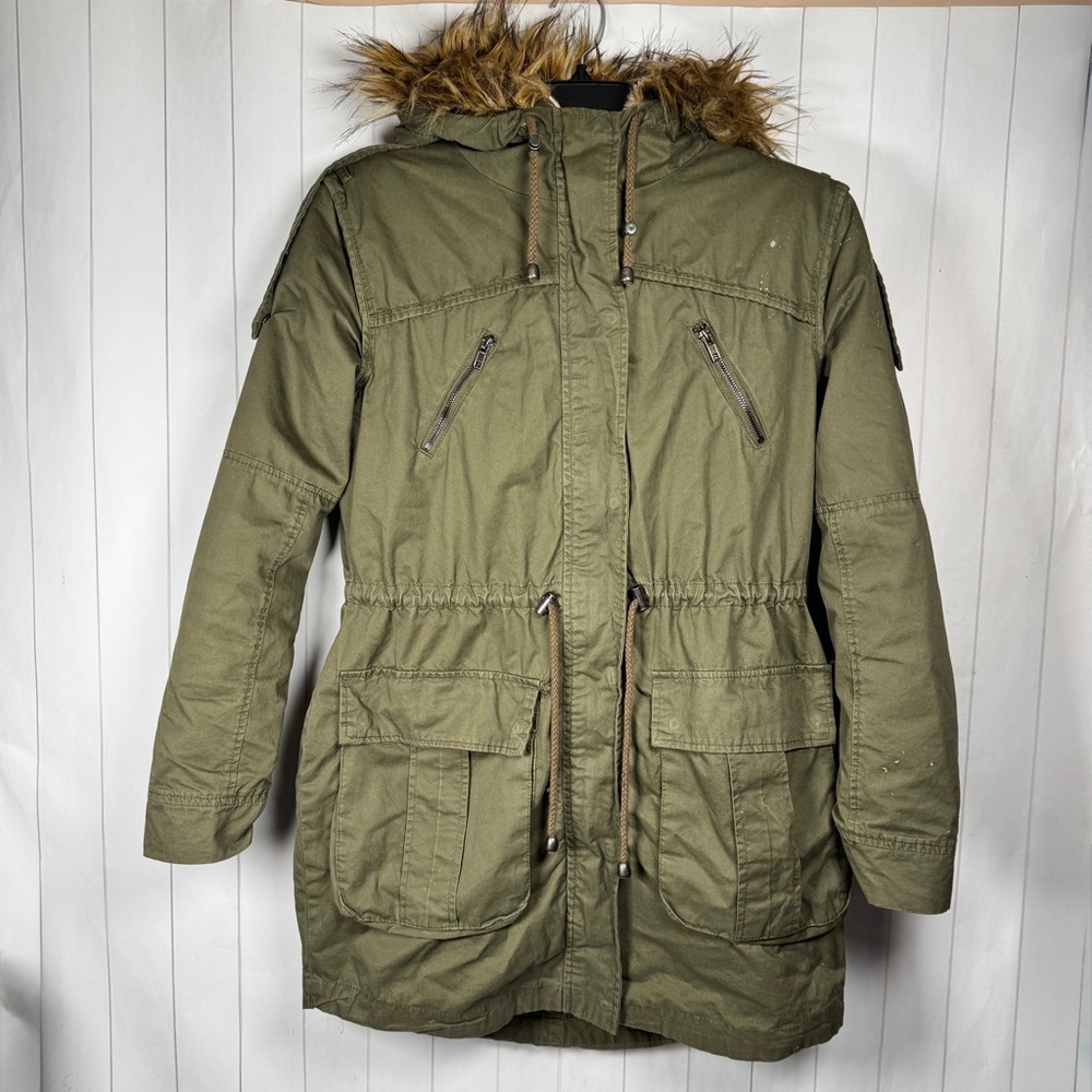 ASOS Military Green Heavy Utility Parka Coat Teddy Lined Faux Fur Hood US size 4